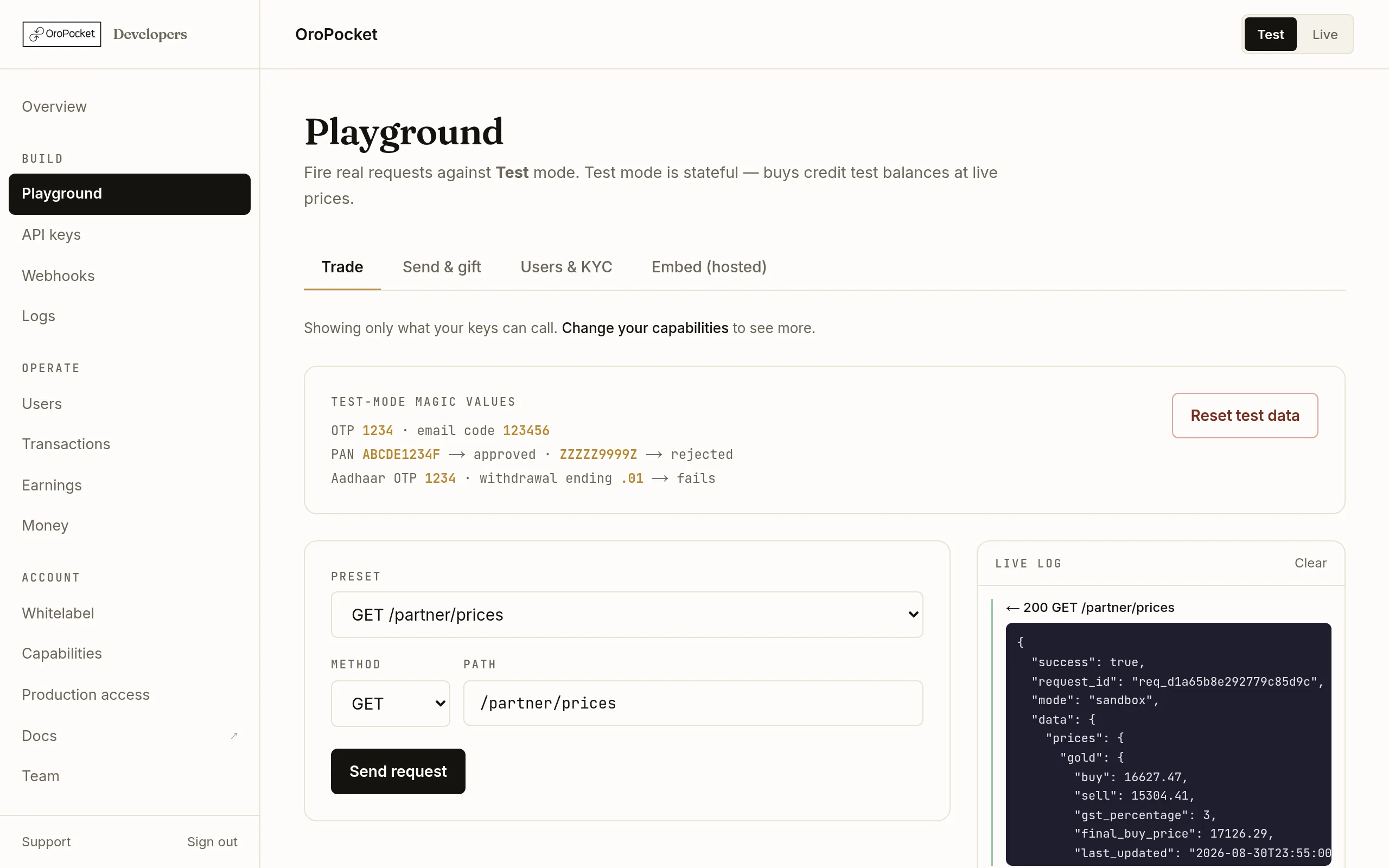 The OroPocket Playground after sending a prices request, with the live log showing the outgoing GET request and a green 200 response containing gold and silver buy and sell rates in JSON.