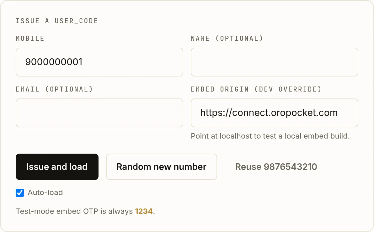 The Issue a user_code card in the OroPocket Playground Embed tab, with fields for mobile, name, email and an embed origin override, plus Issue and load, Random new number and Reuse buttons.