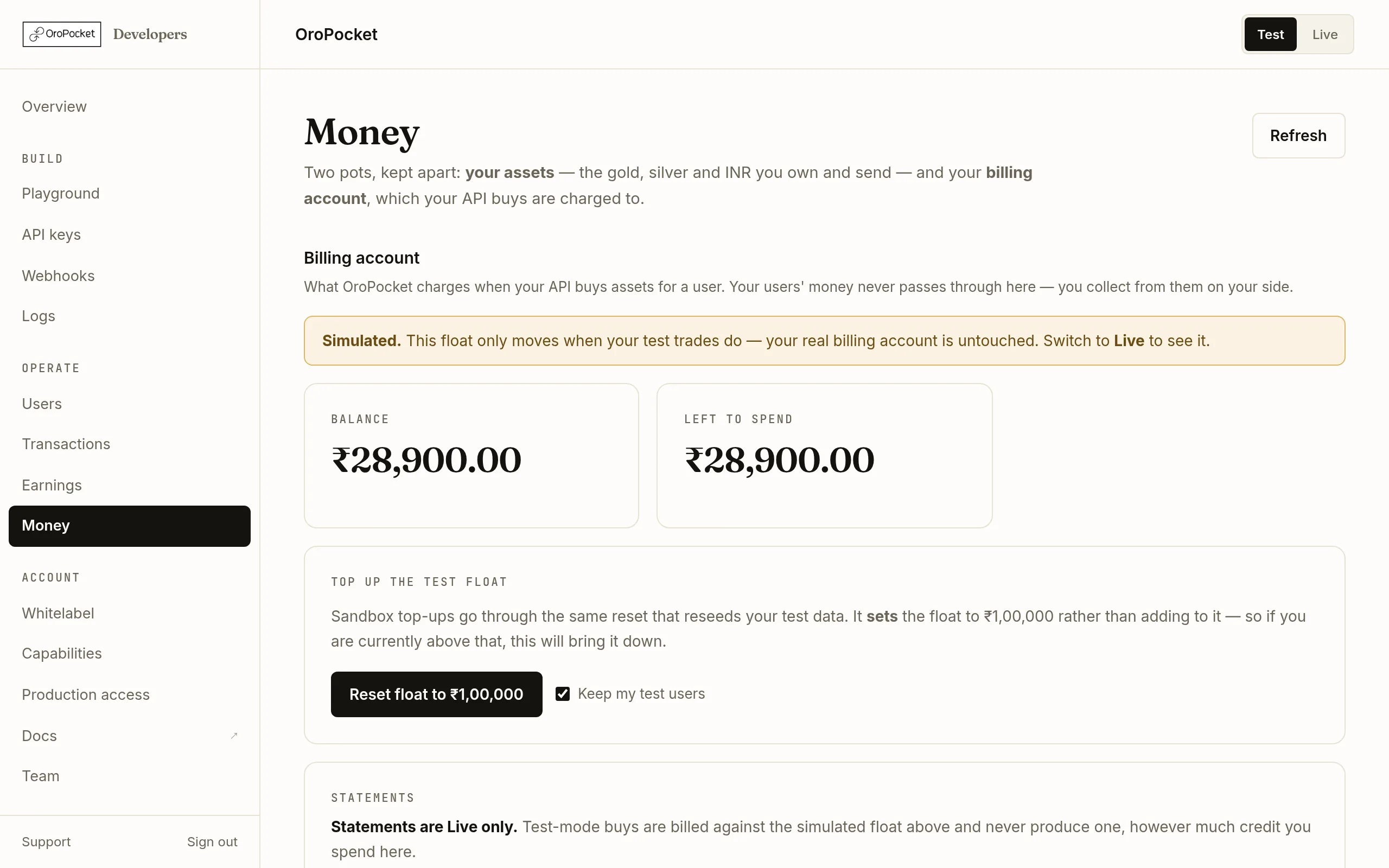 The Money page of the OroPocket developer dashboard, showing the billing account section with balance and spending stat cards above an add funds card.